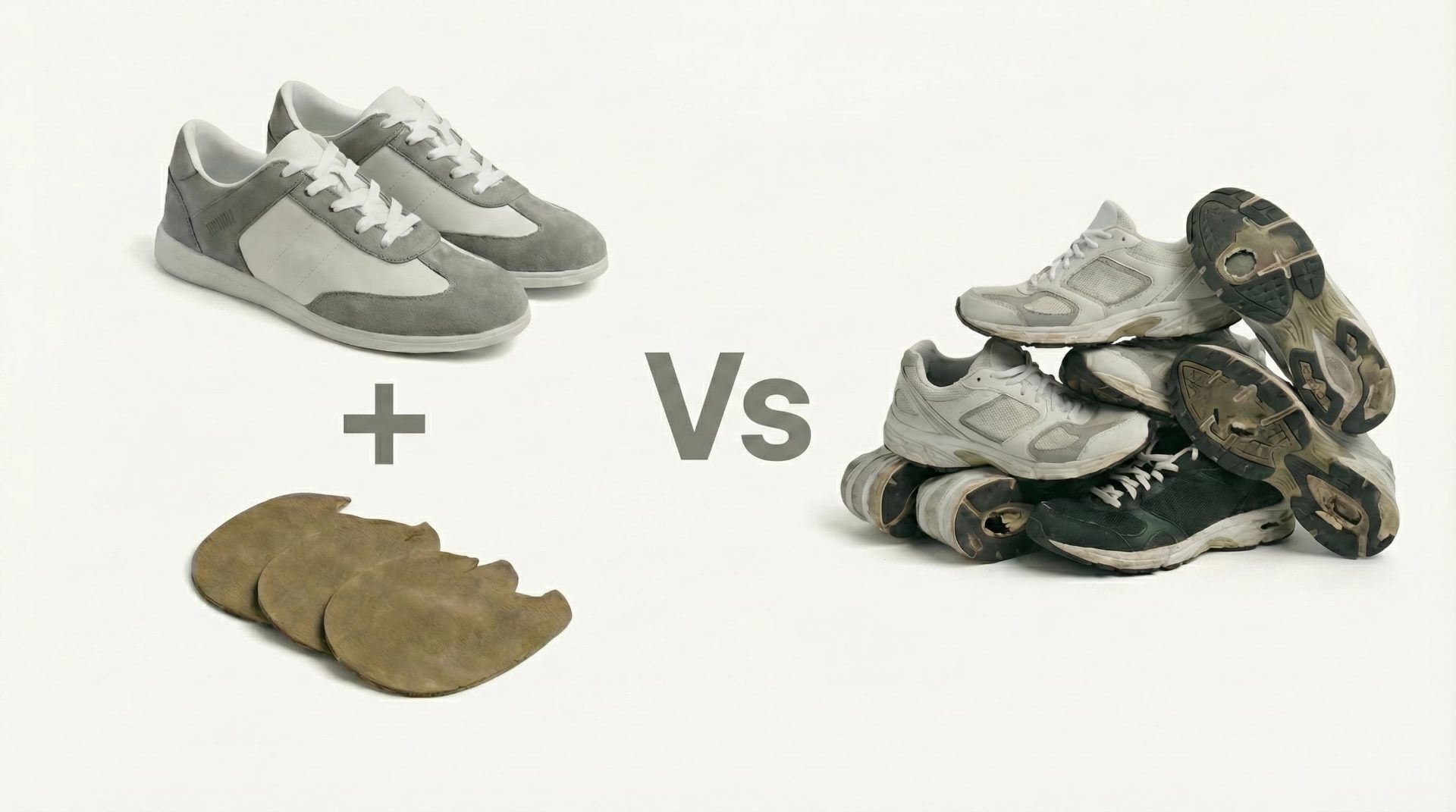 Comparison: one GRAYAMZ shoe with replaceable Friction Pads replaces five pairs of worn-out standard trainers